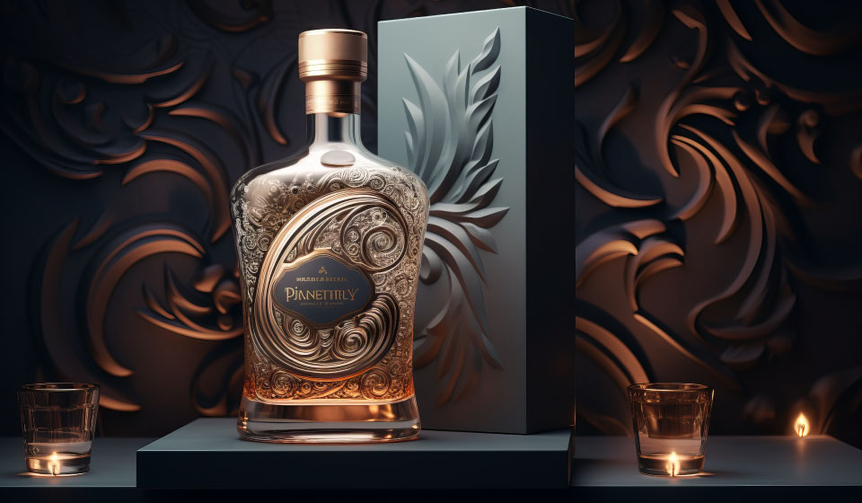 Scotch whisky bottles and label detail showcasing vintage presentation and glass design
