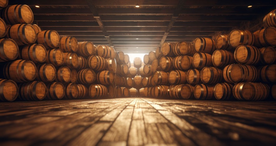 Whisky casks aging in warehouse